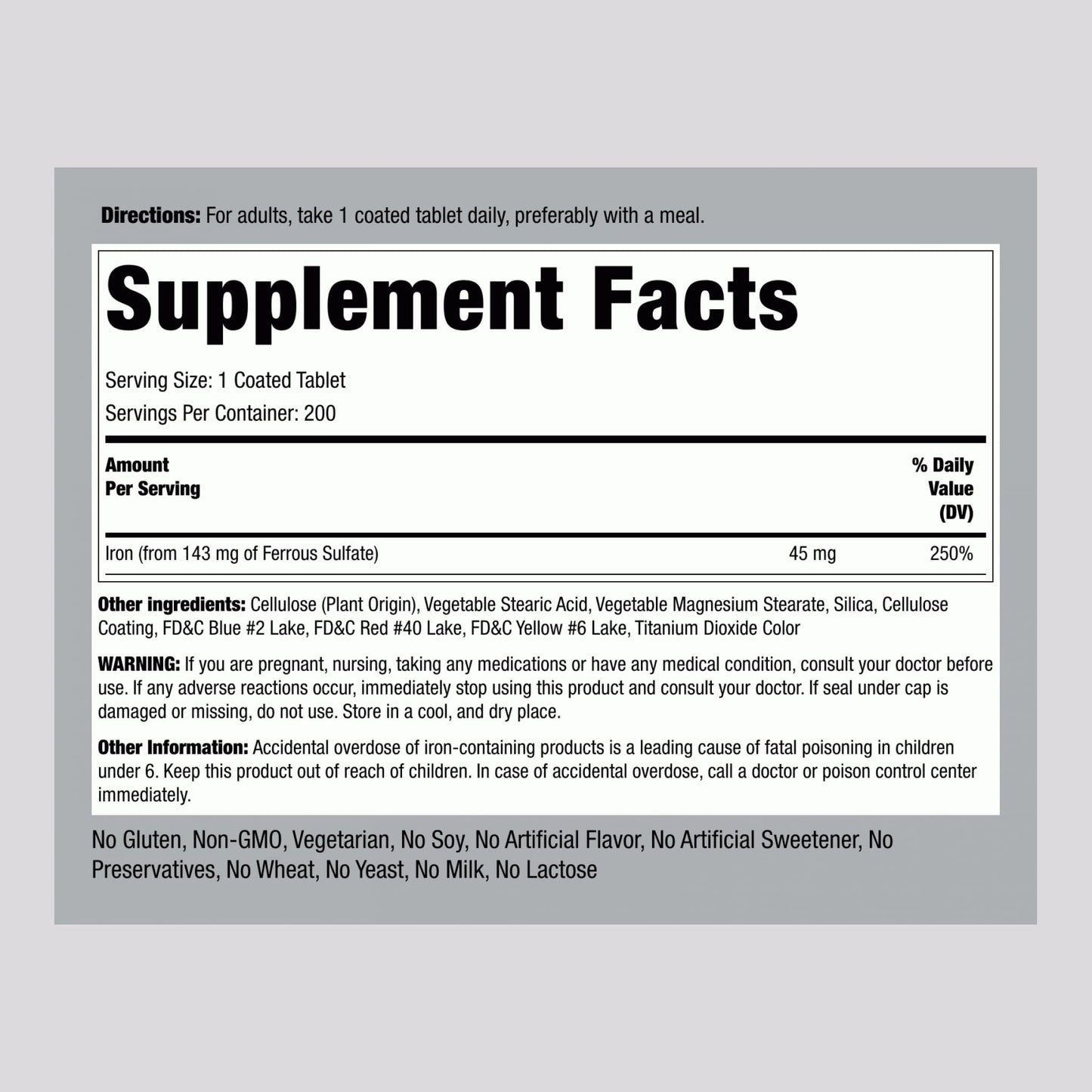 Piping Rock Iron Supplement 45 mg Slow Release Ferrous Sulfate Tablets, 200 Count