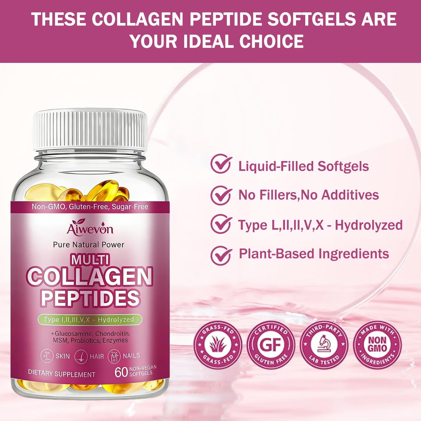 Aiwevon Multi Collagen Peptides 9500mg, 60 Capsules