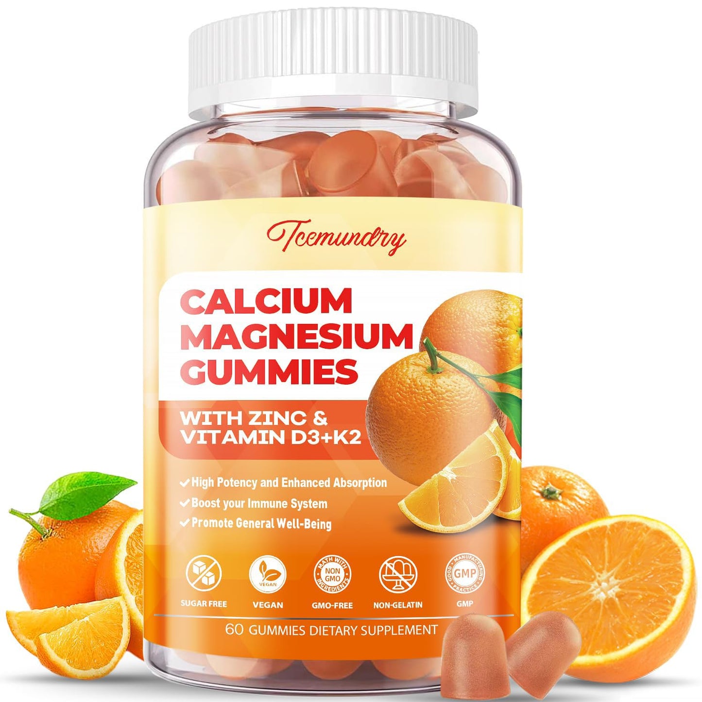 Tcemundry Calcium Magnesium Zinc Gummies with Vitamin D3 & K2, 60 Gummies
