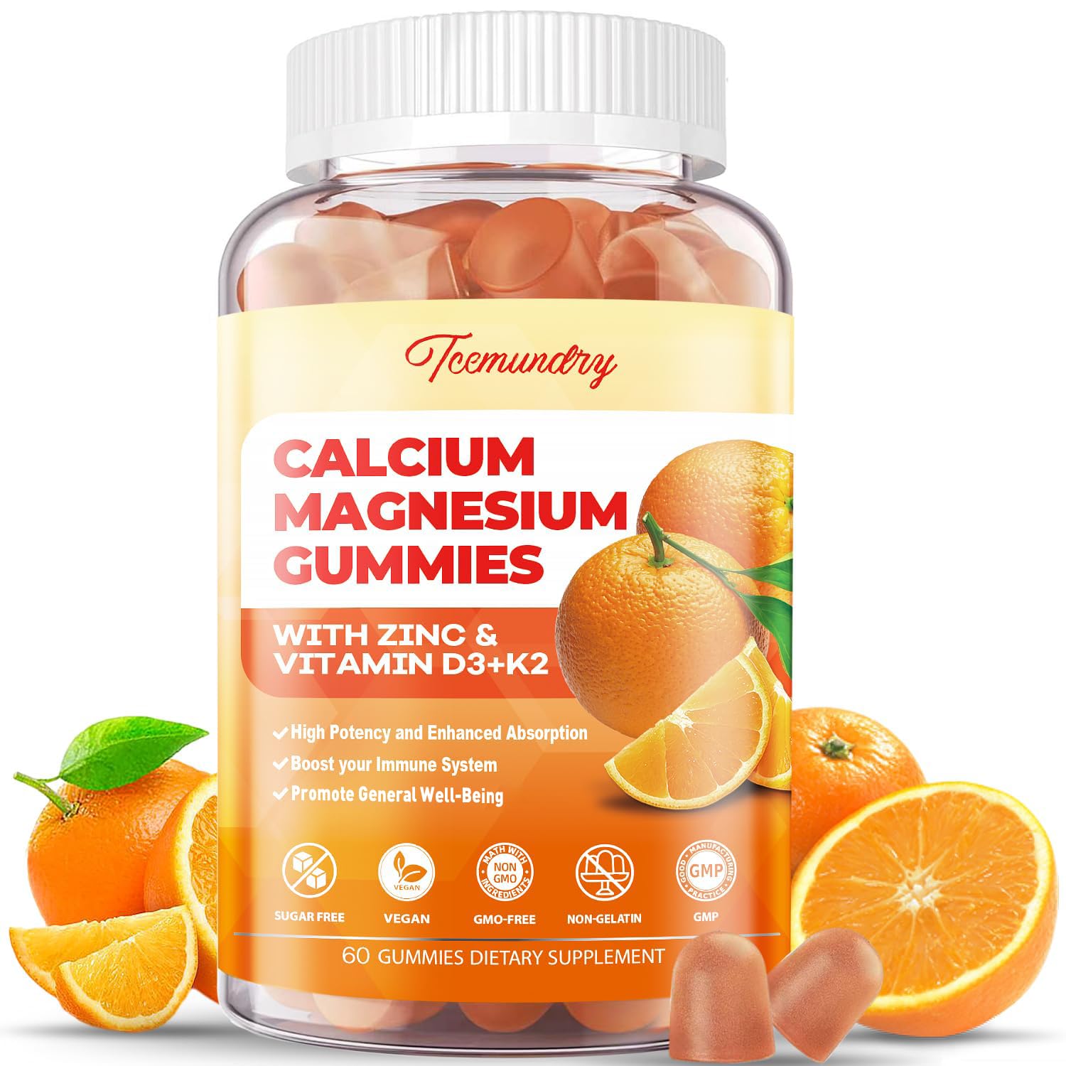 Tcemundry Calcium Magnesium Zinc Gummies with Vitamin D3 & K2, 60 Count