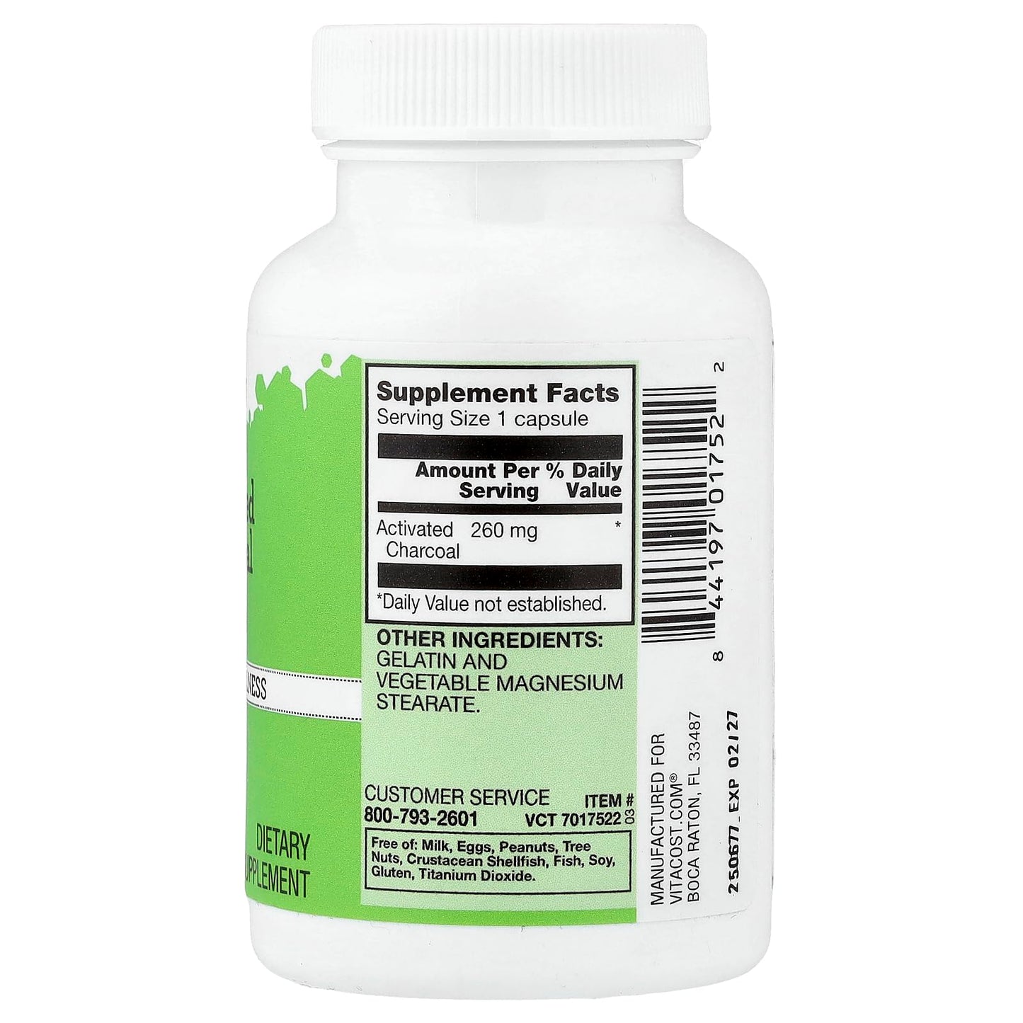 Vitacost Activated Charcoal 260 mg Capsule, 90 Capsules