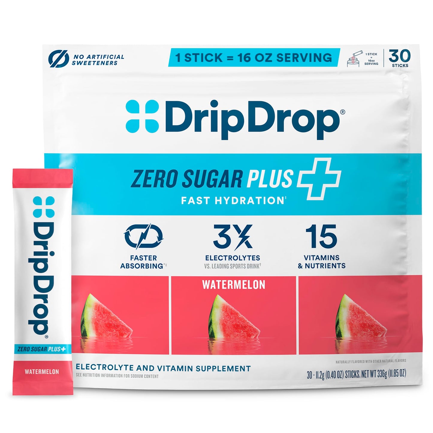 DripDrop Hydration Zero Sugar Plus Electrolyte Watermelon Powder, 30 Count