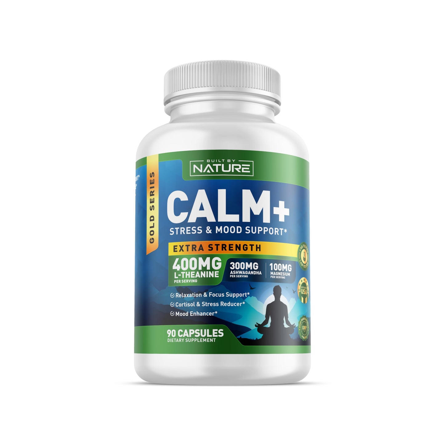 Built by Nature Calm+ Relaxation & Focus – Stress, Cortisol & Mood Support – Calm Supplement with L-Theanine, Ashwagandha, Magnesium Glycinate, Vitamin D3, 90 Capsules