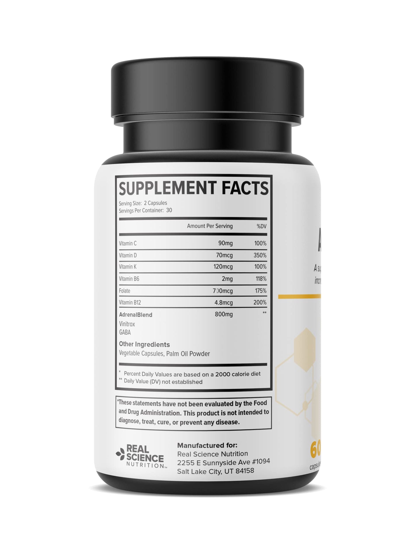 Real Science Nutrition Adrenal Fatigue - Adrenal Support Supplements for Energy, Stress Response & Circulation Support - with Vinitrox & GABA for Daily Adrenal Wellness, 60 Capsules