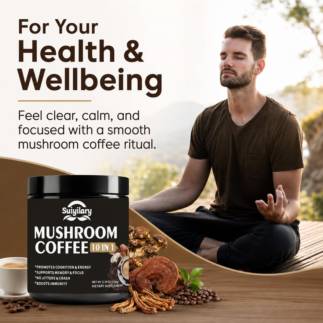 Suiyilary Mushroom Coffee Powder Blend with 10 Mushroom Extracts (Lion's Mane, Reishi, Chaga, Cordyceps, Turkey Tail), 5.3 oz