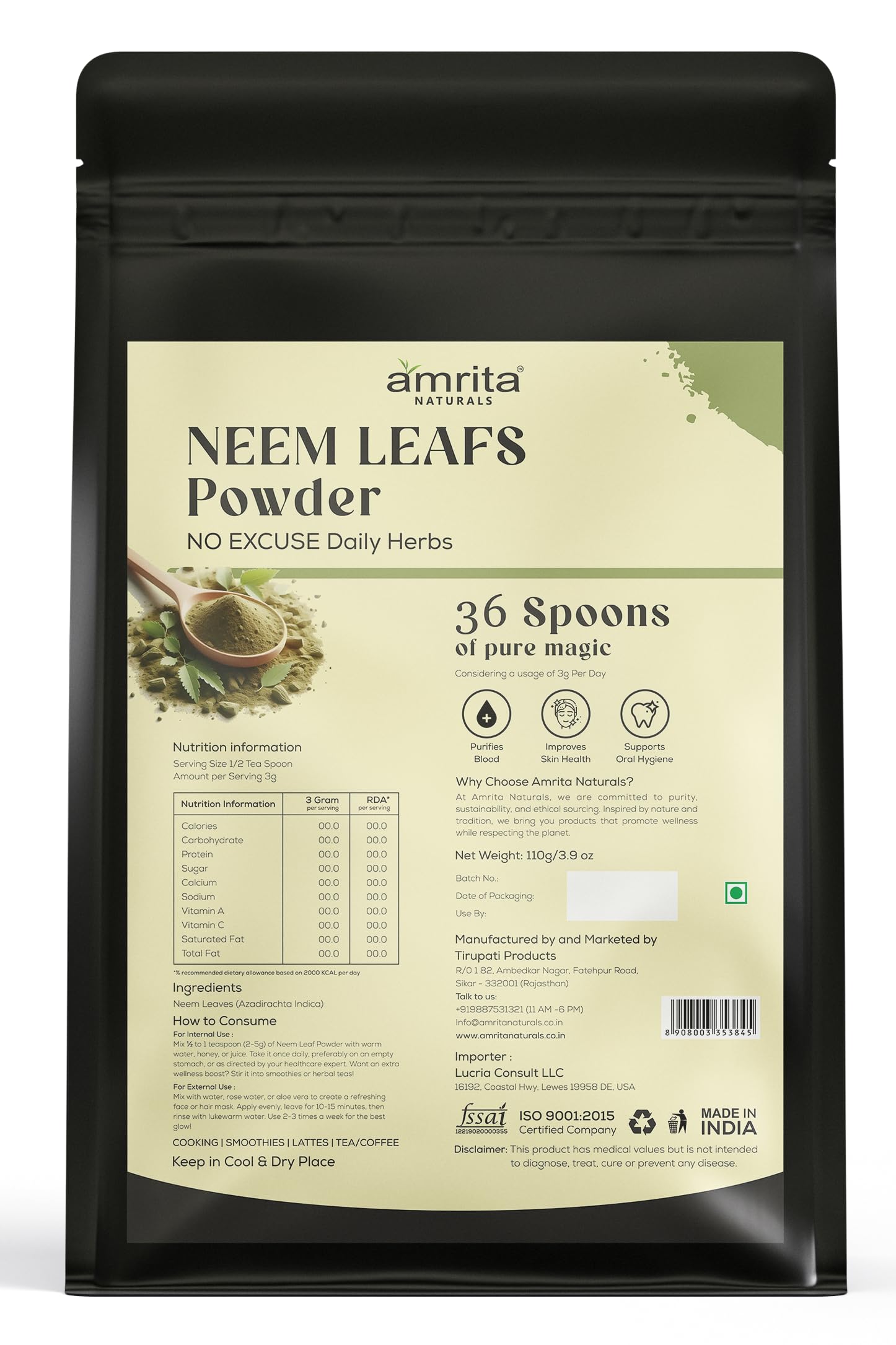 Amrita Naturals Neem Leaf Powder 3.88 oz