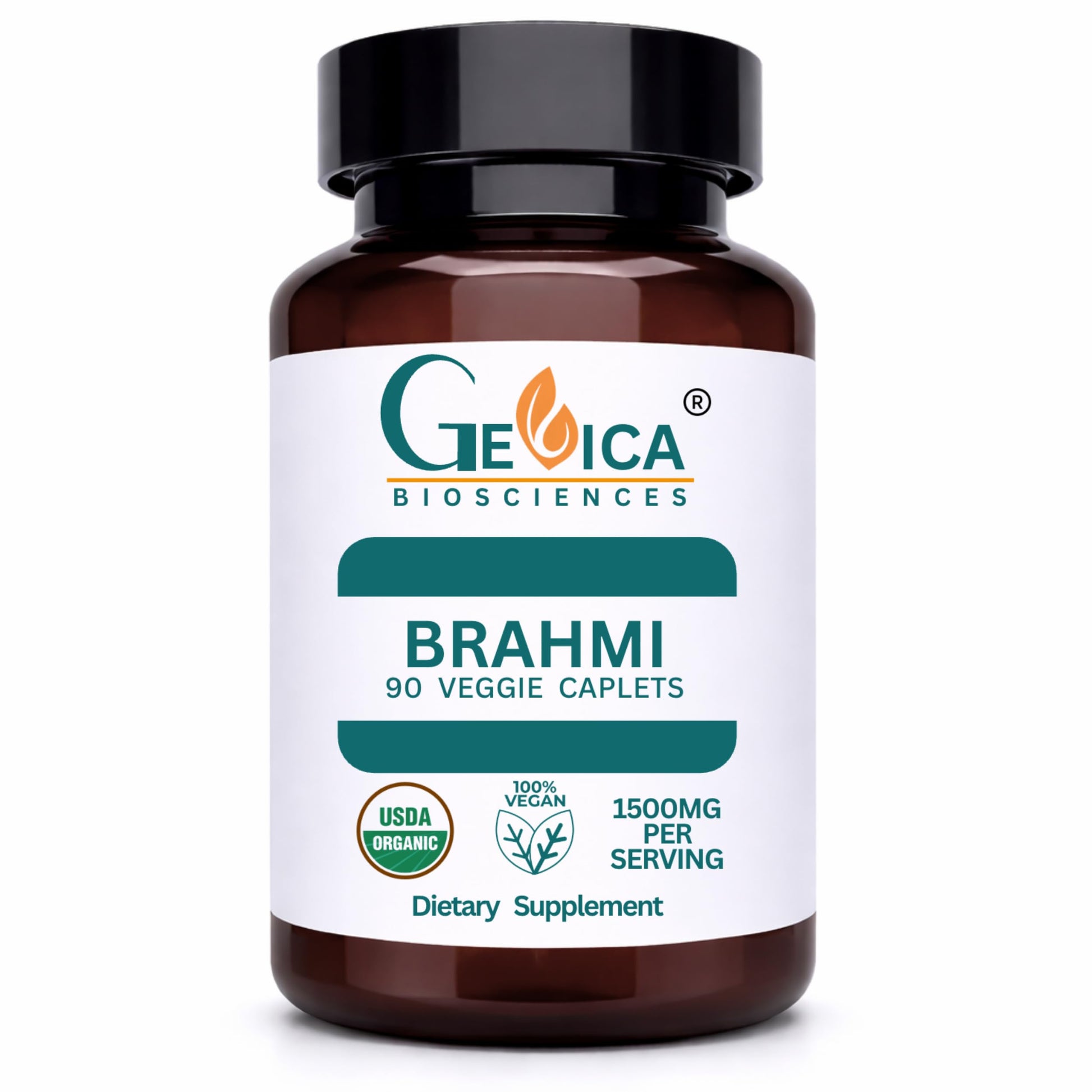 GeVica Biosciences Brahmi Bacopa monnieri Whole Herb, 1500 mg per Serving, No Extract, USDA Organic Vegan Caplets, 90