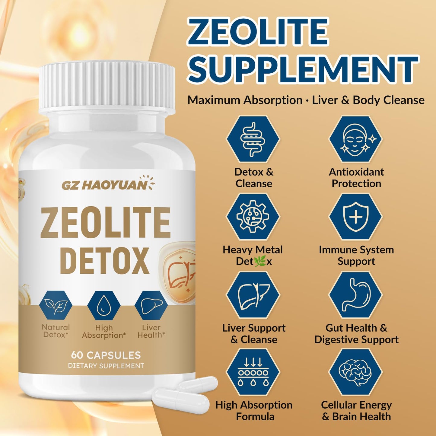 GZ HAOYUAN Zeolite Detox Capsules, 60 Capsules