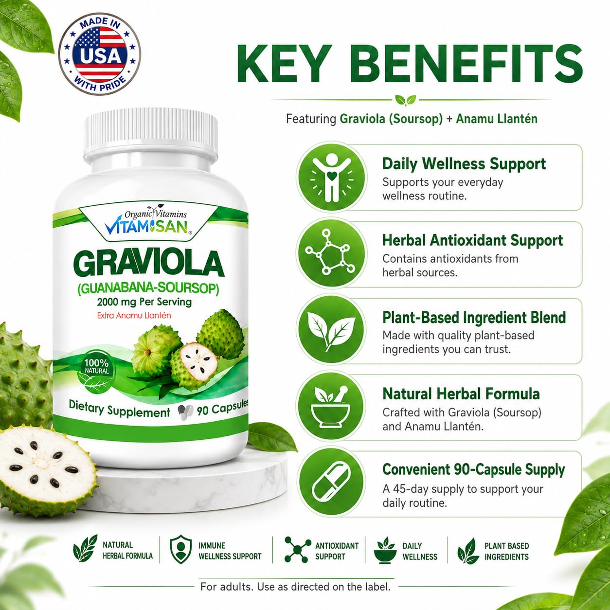 VITAMISAN Graviola Soursop Guanabana Extract Anamu Llanten Natural Dietary Supplement Leaf & Fruit Extract 90 Capsules
