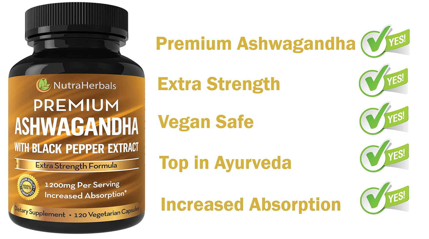 NUTRAHERBALS Organic Ashwagandha Root Powder 1200mg Capsules, 120 Count