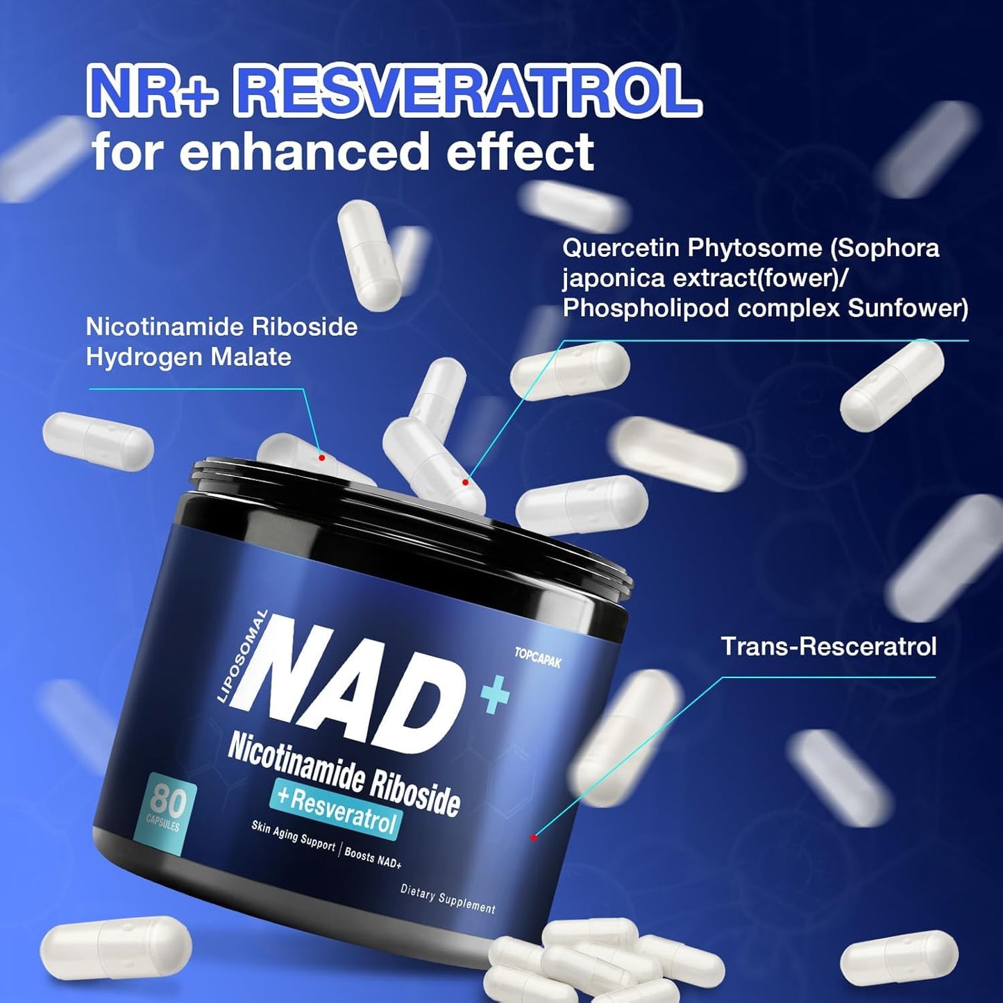 TOPCAPAK NAD+ Supplement - Nicotinamide Riboside & Resveratrol, Liposomal NAD+ 1000mg, 80 Capsules
