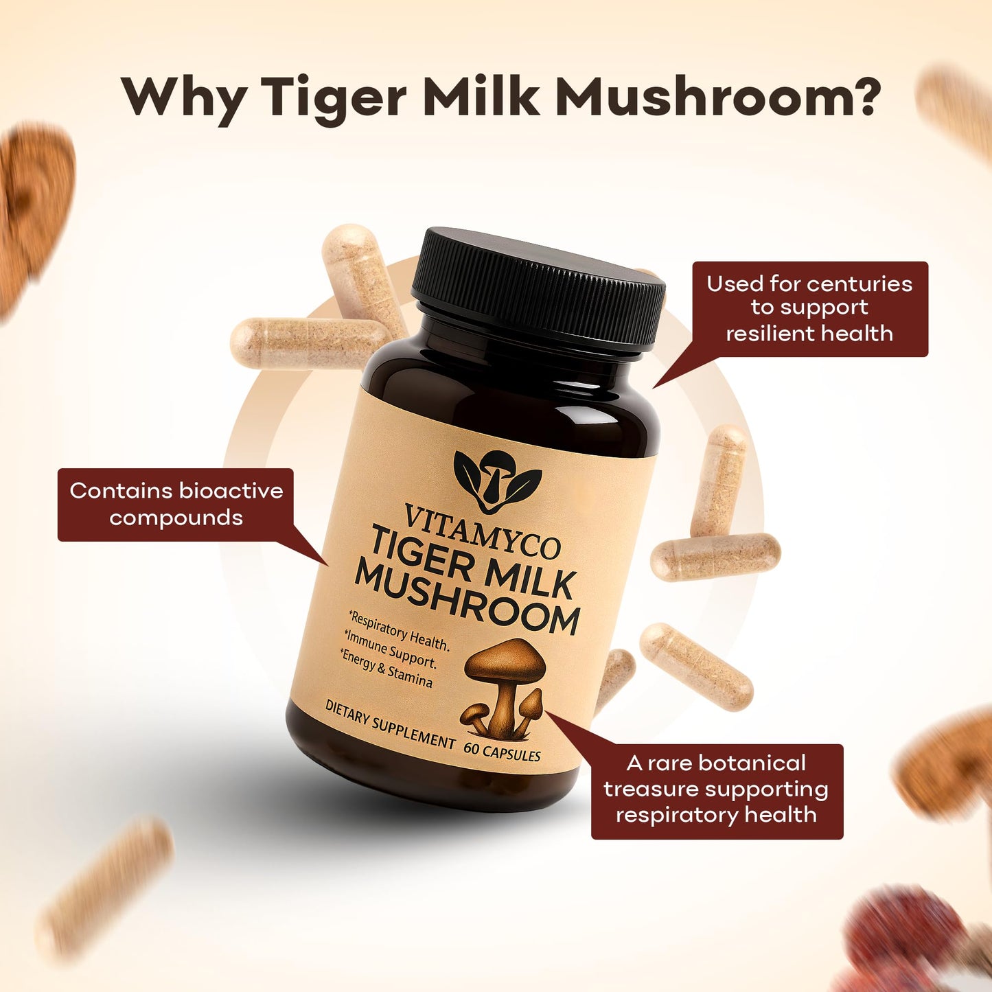 Vitamyco Tiger Milk Mushroom Supplement Capsules, 60 Count