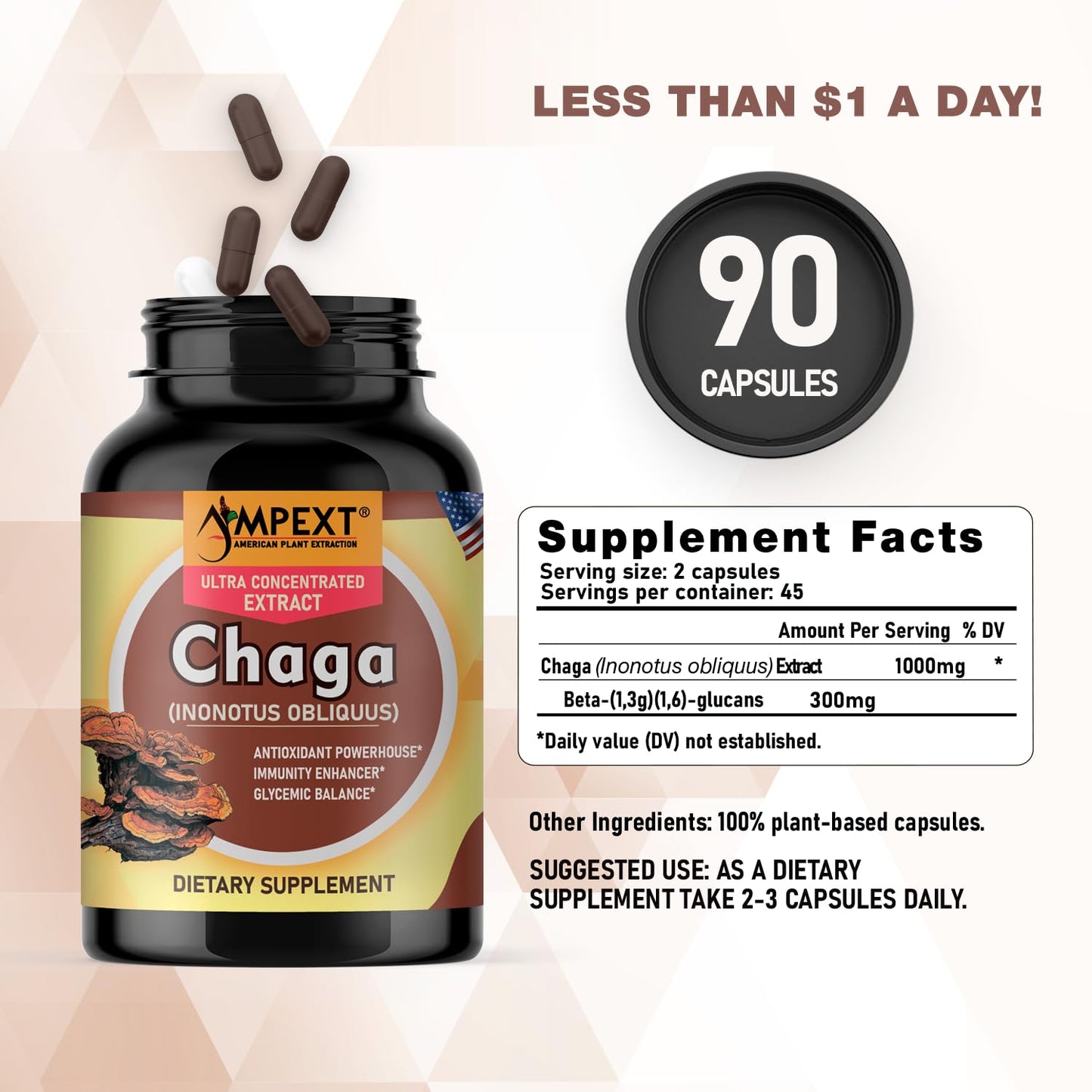 AMPEXT Chaga Premium Quality Fruiting Bodies Extract Capsules 90