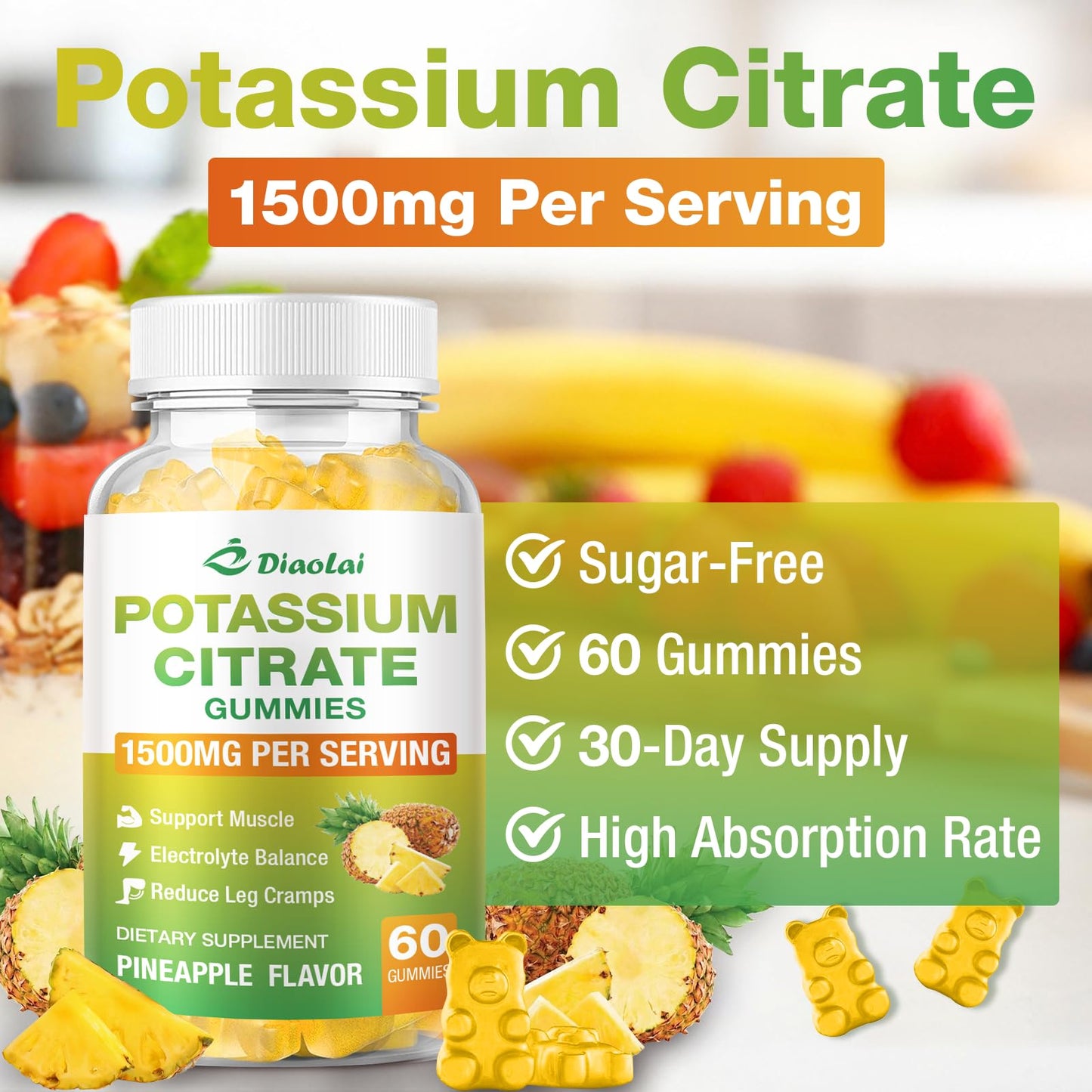 DIAOLAI Potassium Citrate 1500mg Gummies, Potassium Supplement for Women & Men, Supports Leg Cramp Relief & Muscle Health, Vegan, Pineapple Flavor (120 Count)