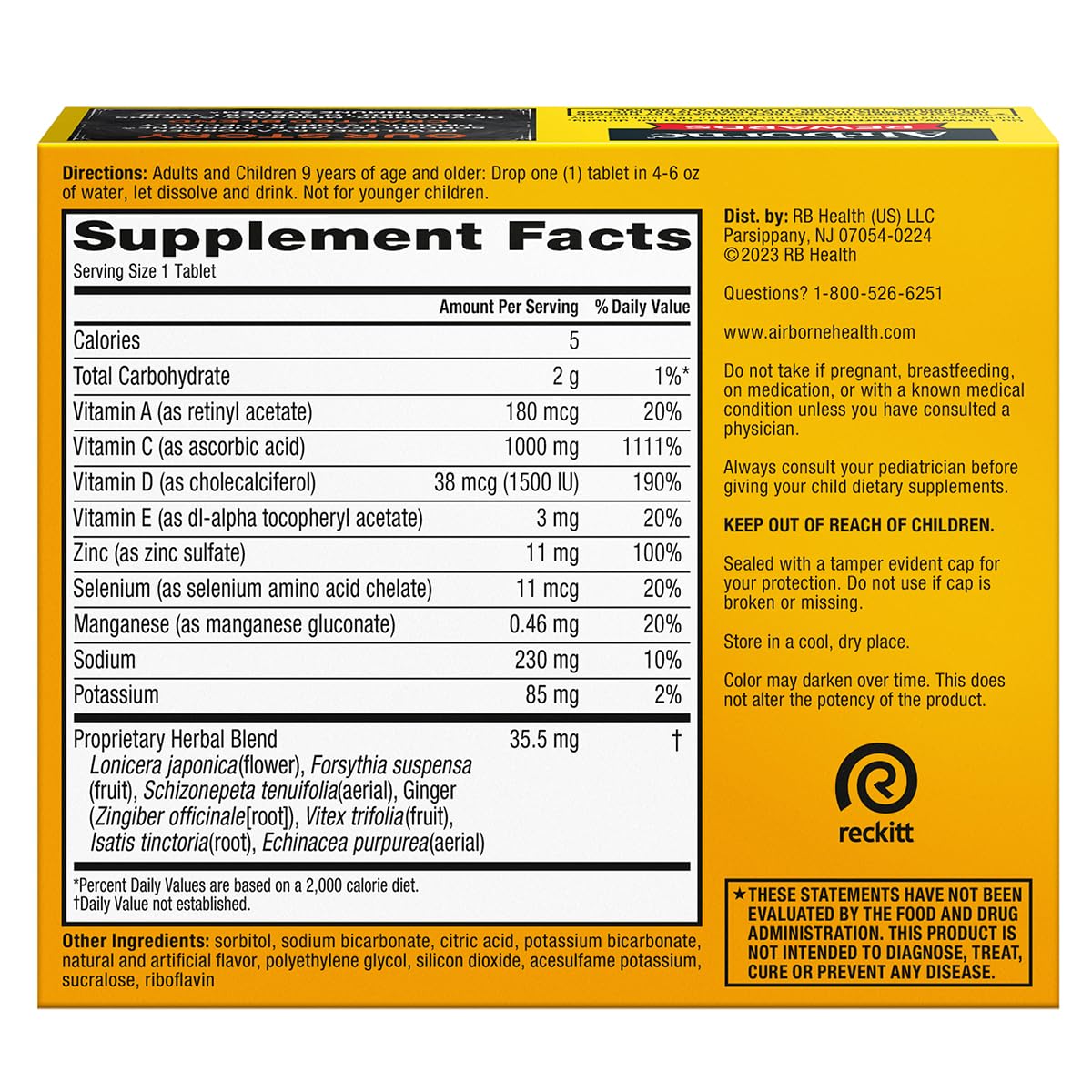 Airborne 1000mg Vitamin C + Zinc Sugar Free Multivitamin Immune Support Tablets, 30 Tablets