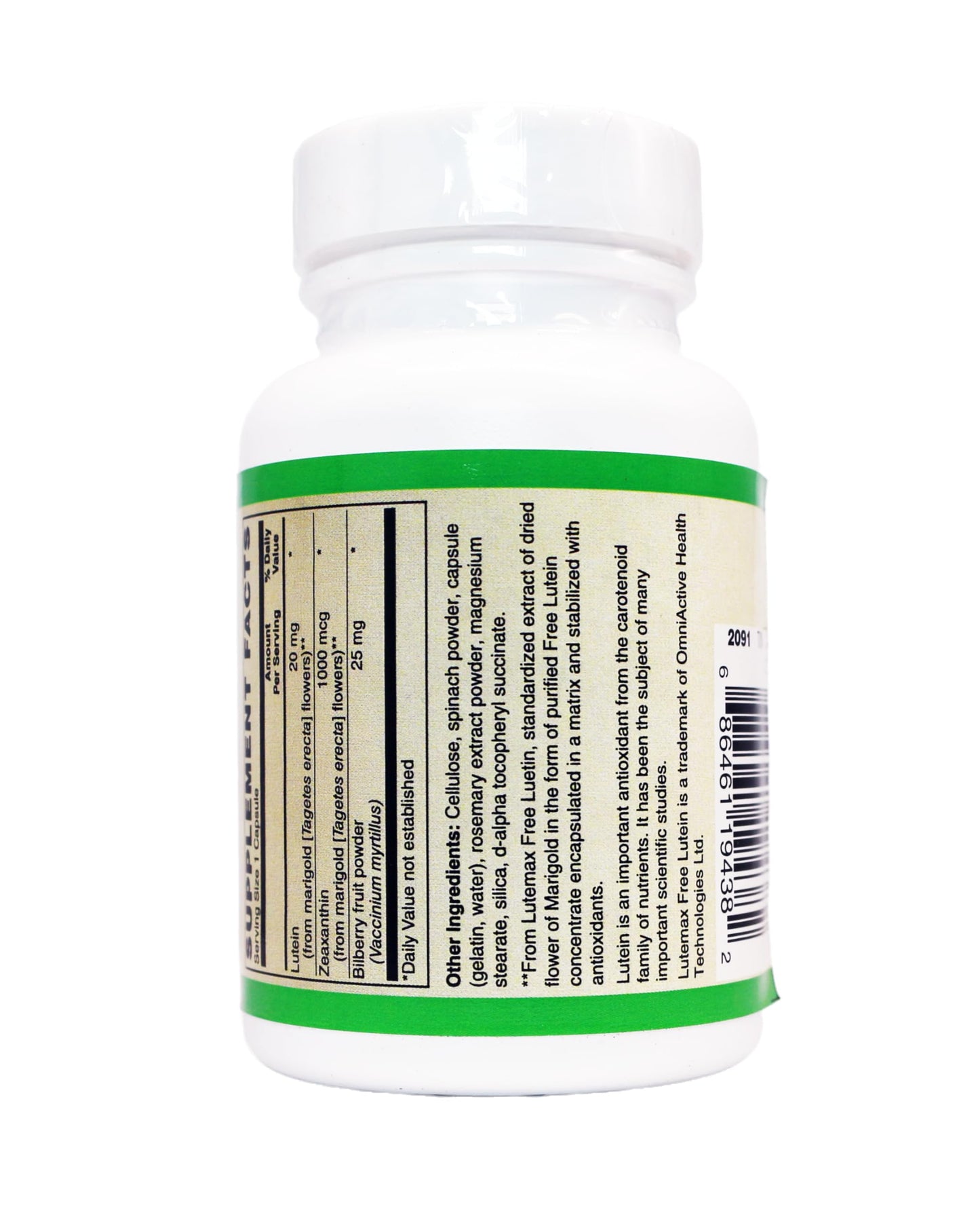 AlchePharma Lutein Plus 20 MG (crystalline Free Lutein) w/Zeaxanthin and Bilberry - Lutemax®, 30 Capsules