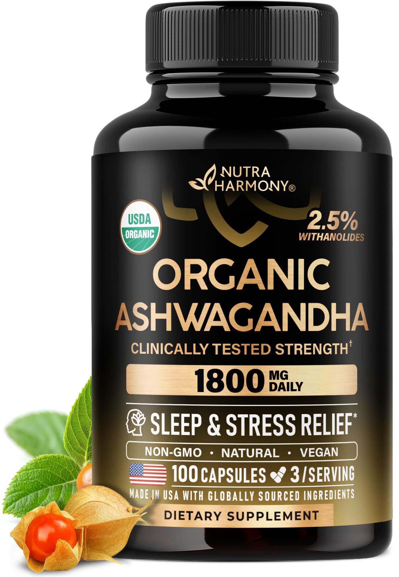 NUTRAHARMONY Ashwagandha Supplements 1800mg - USDA Organic for Women & Men Capsules, 100