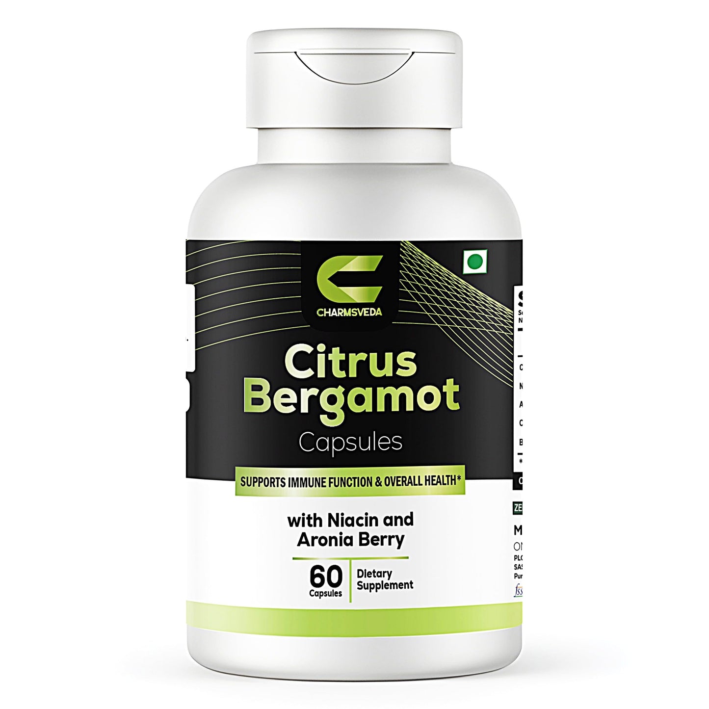 CHARMSVEDA Citrus Bergamot Capsules with Niacin, Aronia Berry, Olive Leaf & Black Pepper Extract – Immune & Cardiovascular Wellness Support, 60 Capsules