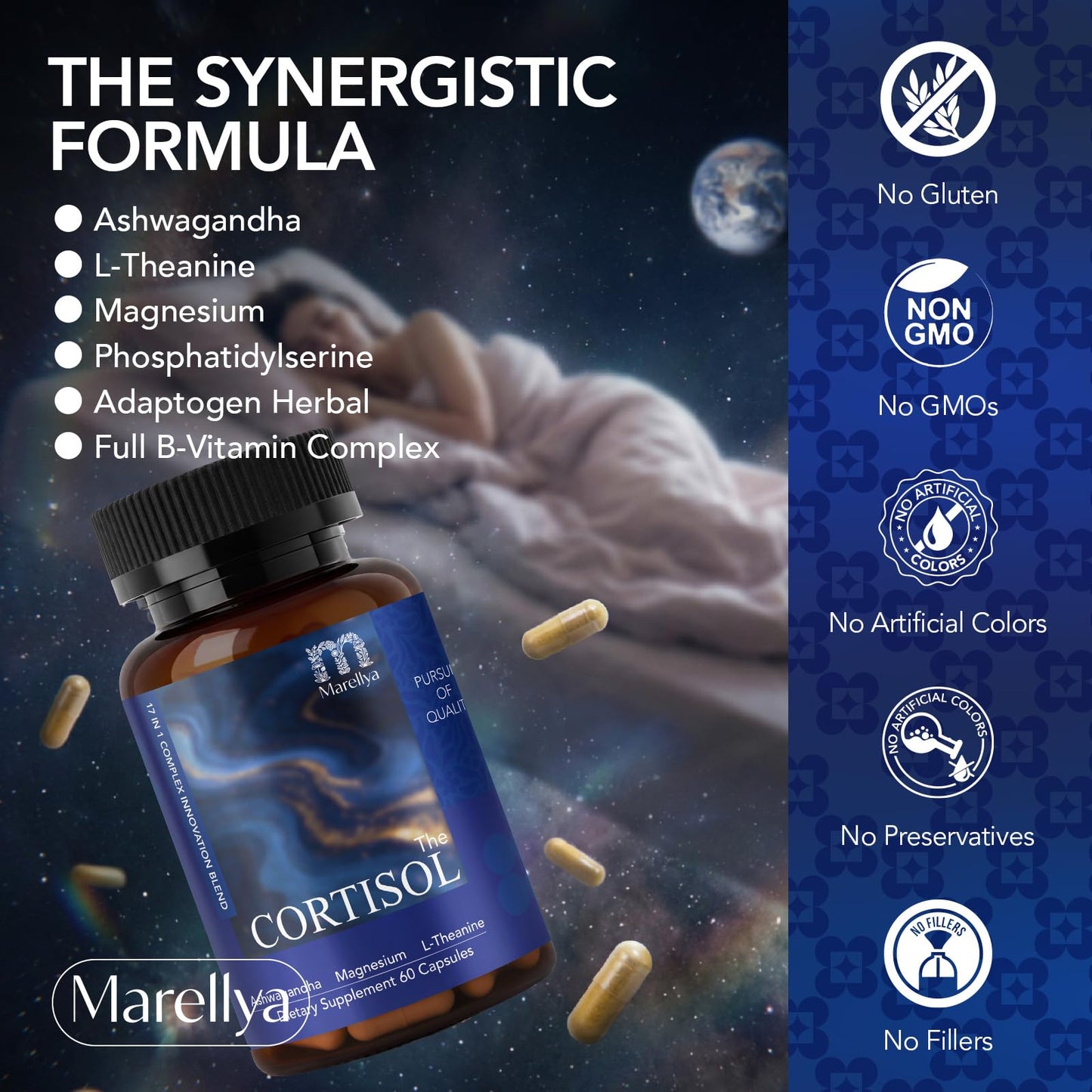 Marellya Cortisol Supplement for Women & Men – 17-in-1 Cortisol Manager with Ashwagandha, L-Theanine & Magnesium, 60 Vegetarian Capsules