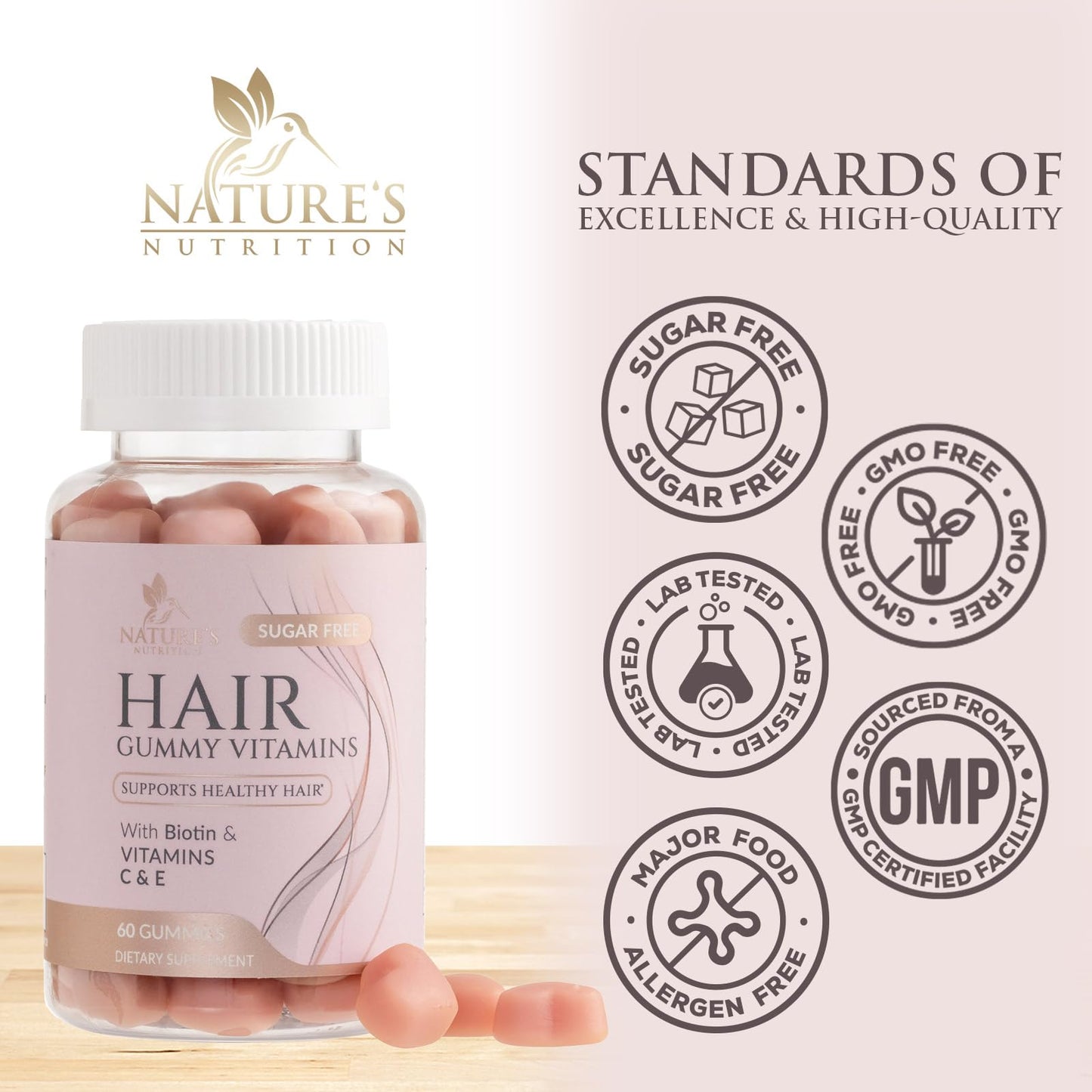Nature's Nutrition Biotin Hair Vitamins Gummies 5000 mcg, Vegetarian, 60 Gummies