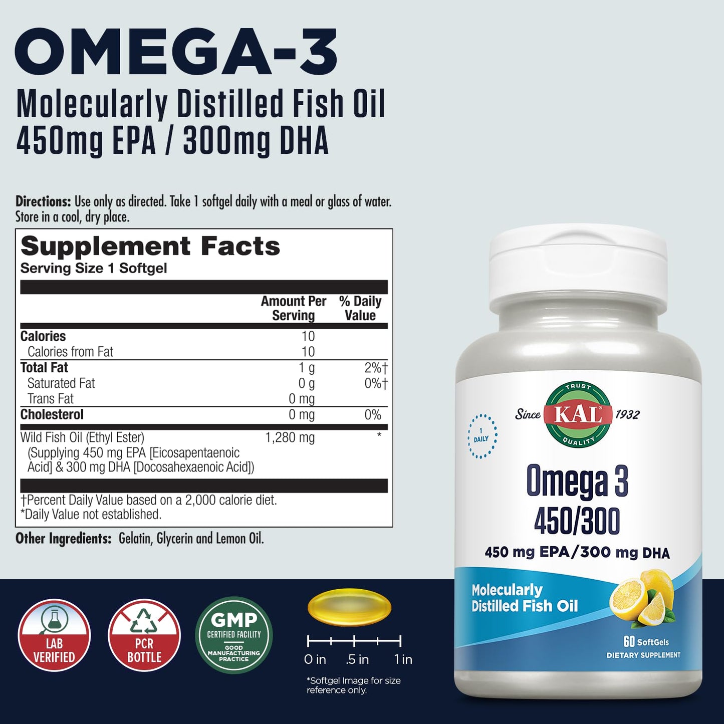 KAL 450/300 1280 Mg Omega 3 Softgels, 60 Count