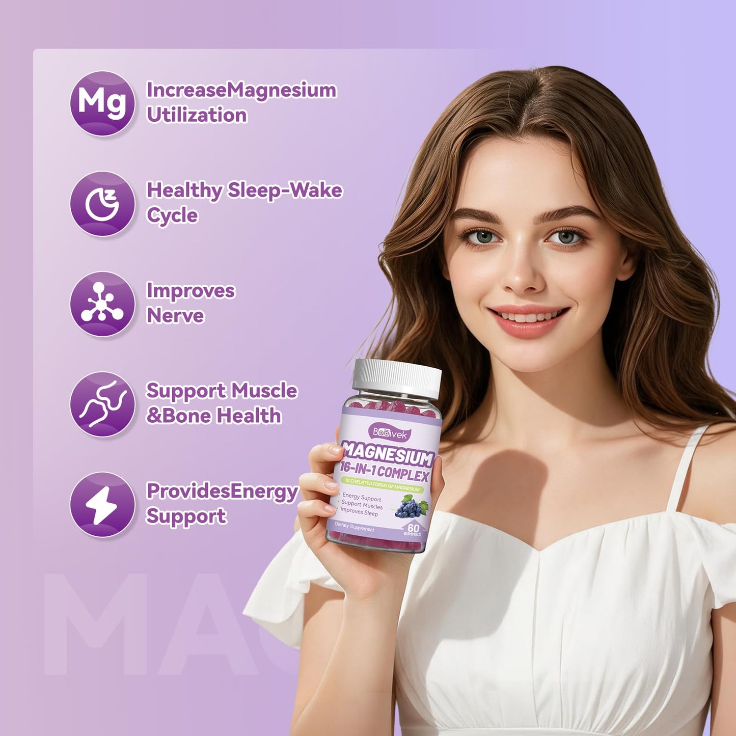 Babivek Magnesium Gummies with Vitamin D3, C, B6, B12 & Zinc, 60 Gummies