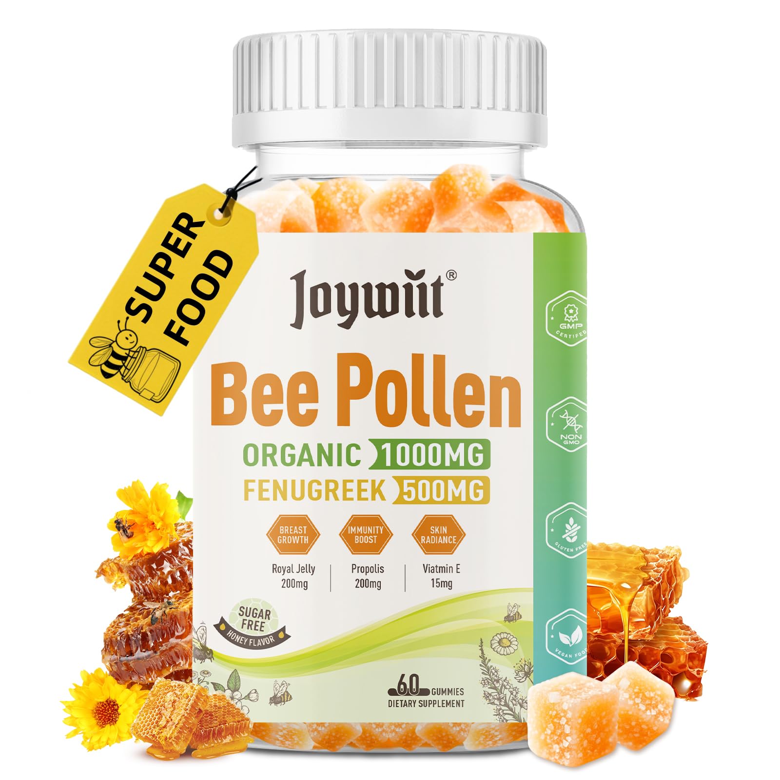 Joywiit Bee Pollen 1000mg Sugar Free Gummies for Women, 60 Count