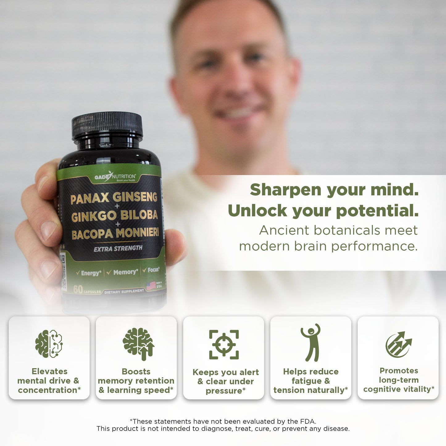 GADE NUTRITION BOOST YOUR HEALTH Ginkgo Biloba with Ginseng Supplement and Bacopa Monnieri Capsules, 60 Count