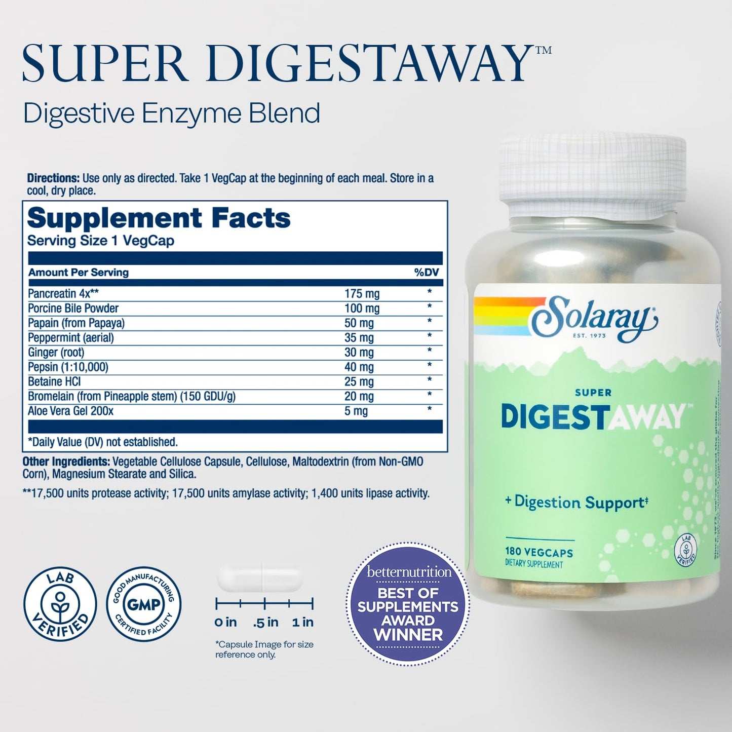 SOLARAY Super Digestaway Digestive Enzymes Capsules, 180
