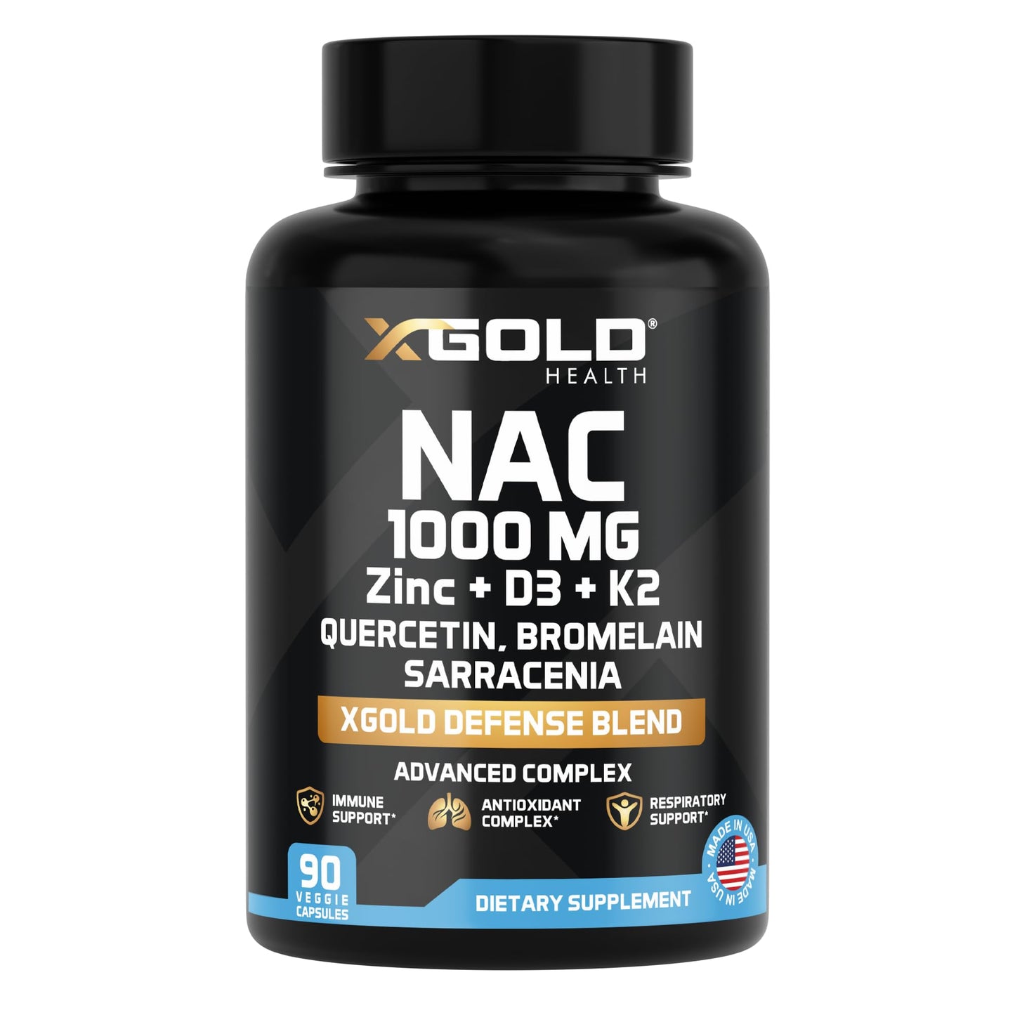 X Gold Health NAC 1000 mg with Quercetin 95%, Bromelain, Zinc, Vitamin C, D3 & K2 Immune Support & Antioxidant Supplement Advanced Defense Blend Capsules, 120 Count