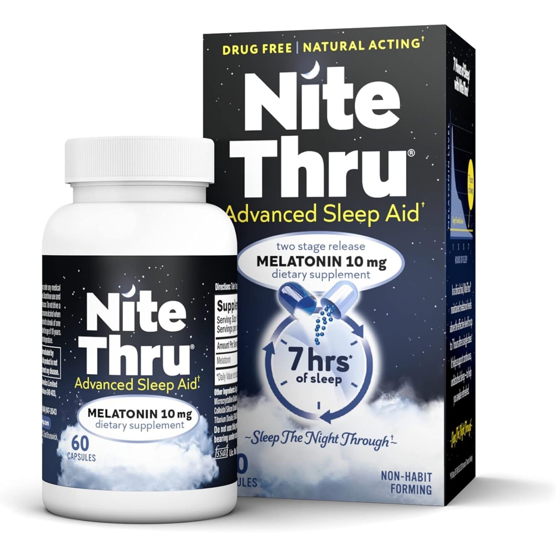 Nite Thru Advanced Sleep Aid Melatonin Dietary Supplement Capsules, 60 Count