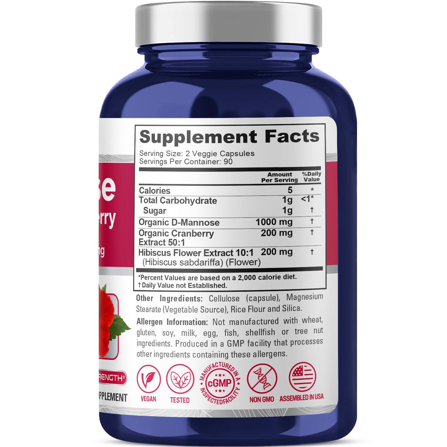 NusaPure D-Mannose, Hibiscus & Cranberry, Vegan, 1400mg, 180 Capsules