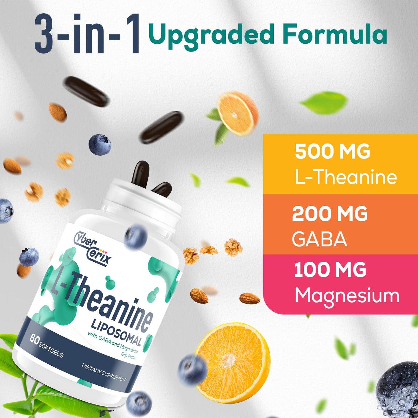 CyberCerix Liposomal L-Theanine 500mg with GABA 200mg & Magnesium 100mg, 60 Capsules