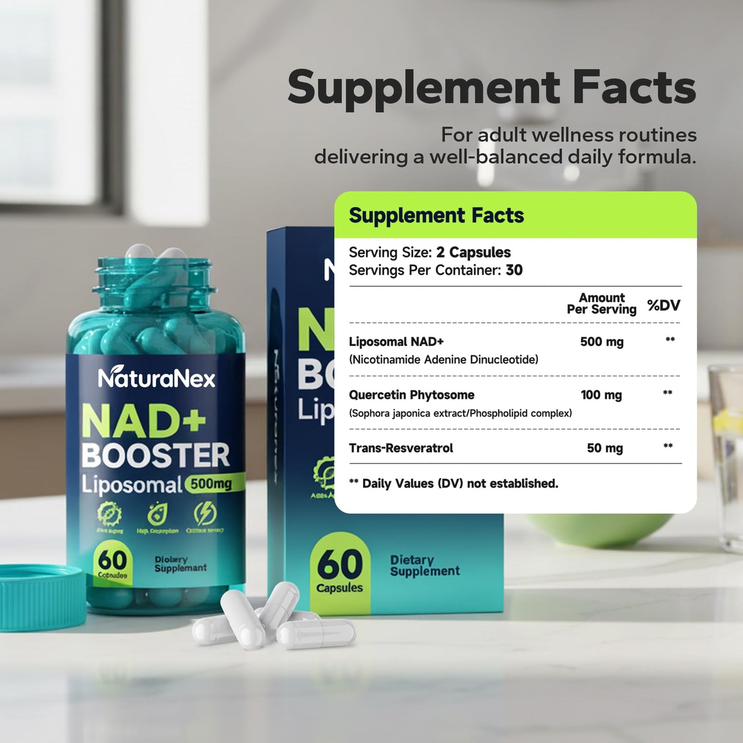 NaturaNex Liposomal NAD+ Supplement 650mg, Resveratrol & Quercetin Complex, 60 Capsules