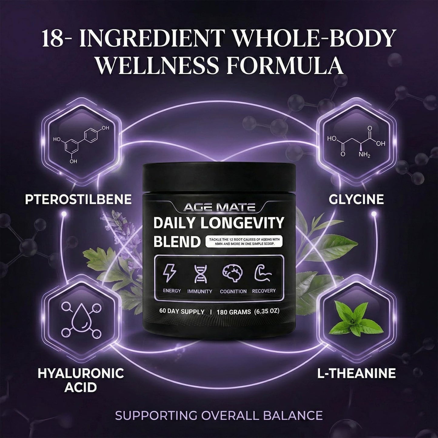 Age Mate Daily Longevity Blend Powder, Sugar Free Prebiotic Fiber, Supports Energy Levels, 6.35 oz