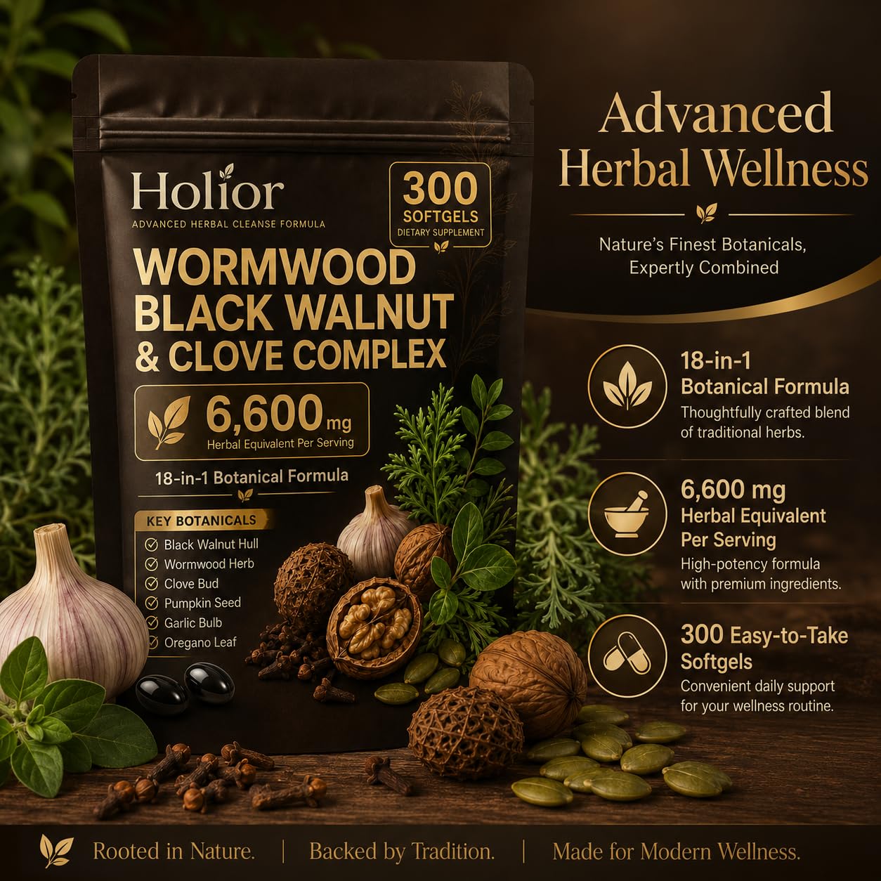 Holior Health Wormwood Black Walnut Cloves Digestive & Gut Balance Support Herbal Formula with Turmeric, Clove, Garlic, Pumpkin Seed & Oregano Softgel 300