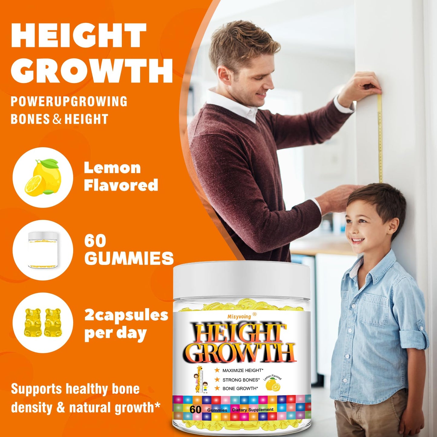 Misyvoing Height Growth Gummies for Kids & Teens Vitamins with Calcium, Magnesium, Zinc, Vitamin D3 K2, Ashwagandha, 60 Count
