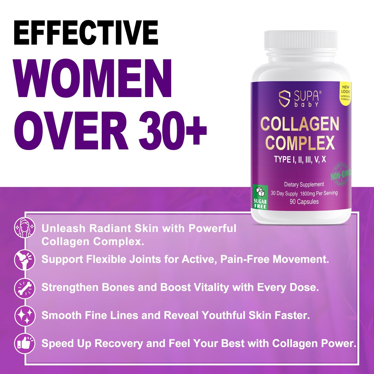 SUPABABY Premium Collagen Complex for Women - 1800mg Multi-Collagen Types I, II, III, V, X, Non-GMO & Sugar Free, 90 Capsules