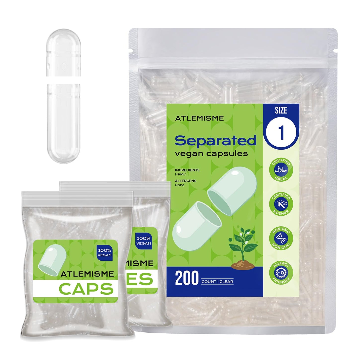 ATLEMISME Vegan Size 1 Separated Capsules 200 Count Premium Plant-Based Clear Empty Capsules for DIY Supplement Filling