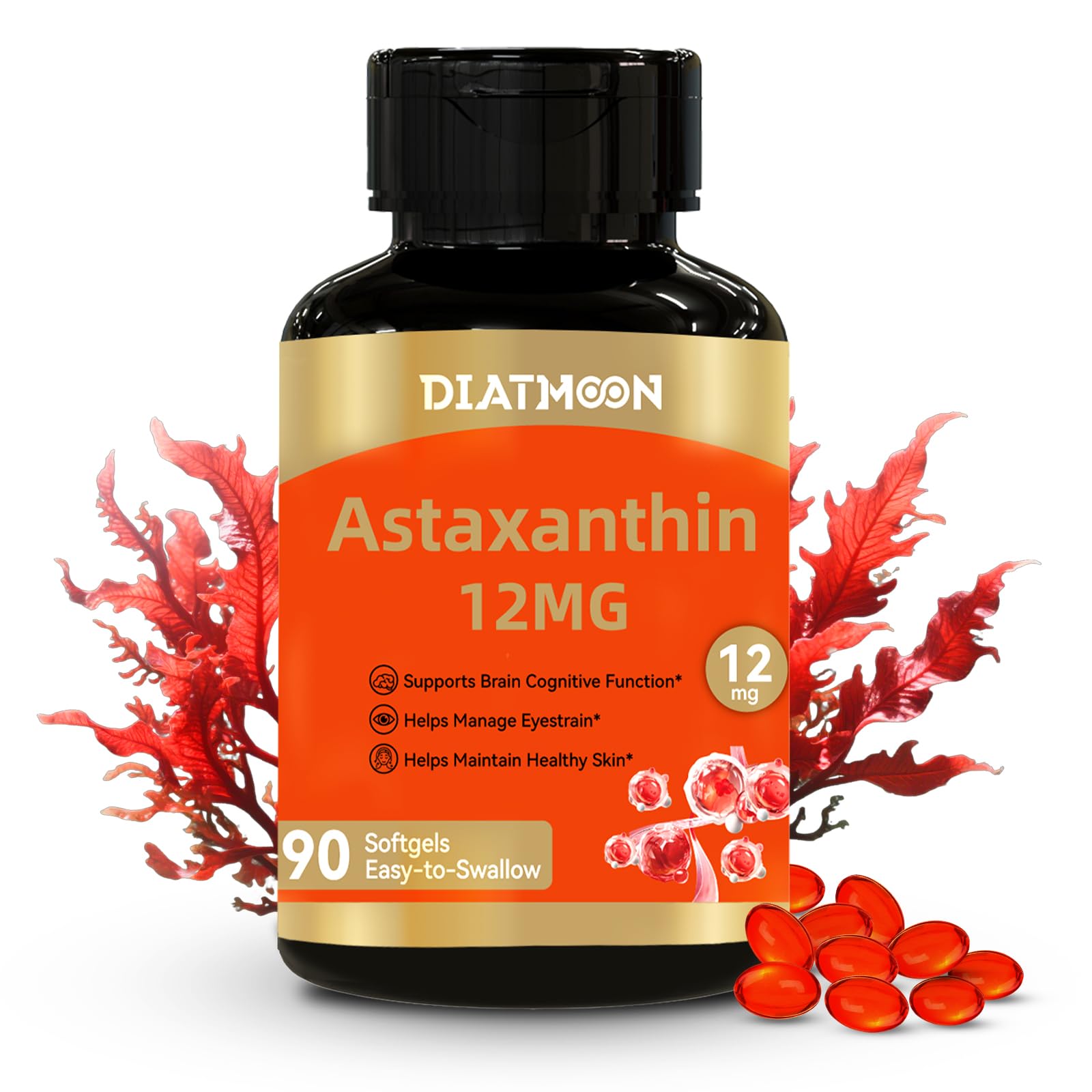 DIATMOON Astaxanthin 12mg Organic Easy-to-Swallow Astaxanthin Supplement 90 Softgels