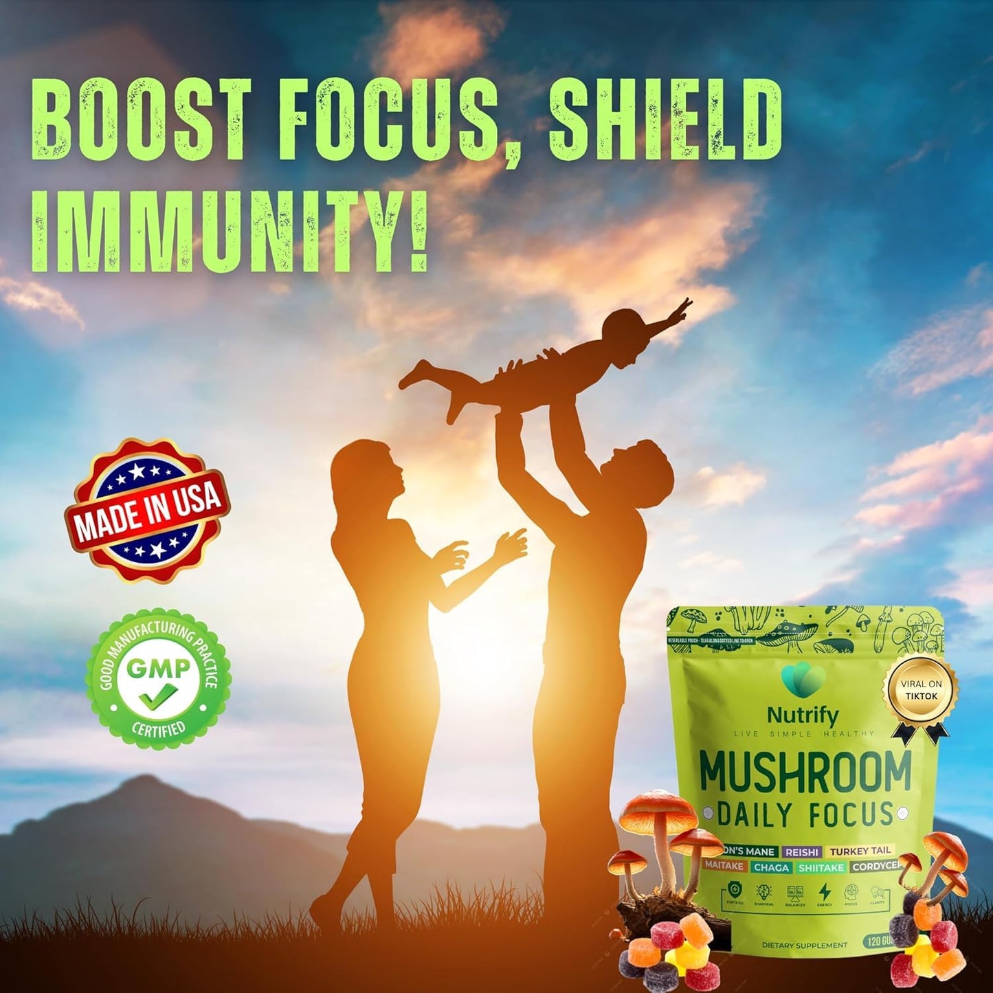 Nutrify Mushroom Gummies Immune Support & Brain Performance Resilience & Memory Boost with Reishi, Cordyceps, Turkey Tail, Maitake, Shiitake & Chaga Raspberry Flavor Vegan & Sugar Free, 120 Gummies