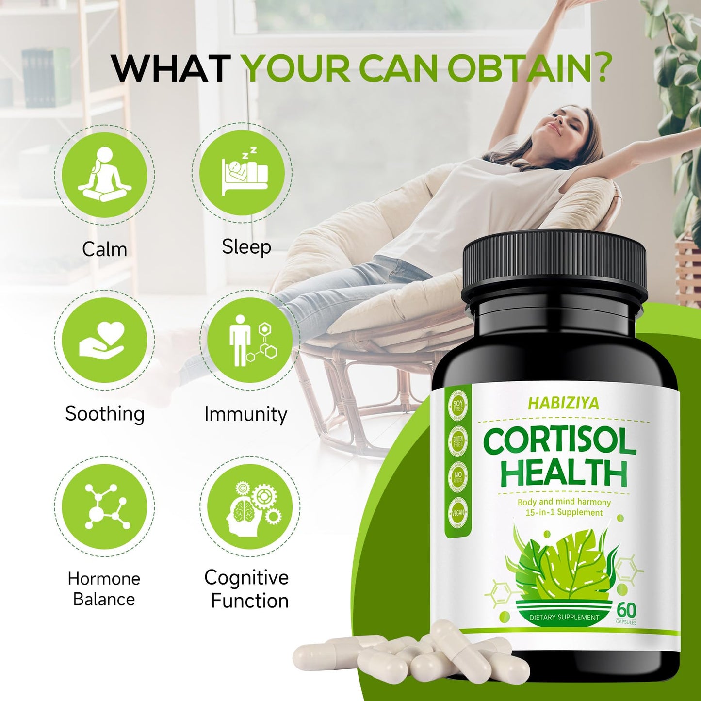 HABIZIYA Cortisol Support Supplement with Magnesium Glycinate, L-Theanine, Ashwagandha, Phosphatidylserine, Rhodiola Rosea, 15-in-1 Hormone Balance for Women and Men, Mood, Focus, Sleep Support, 60 Capsules