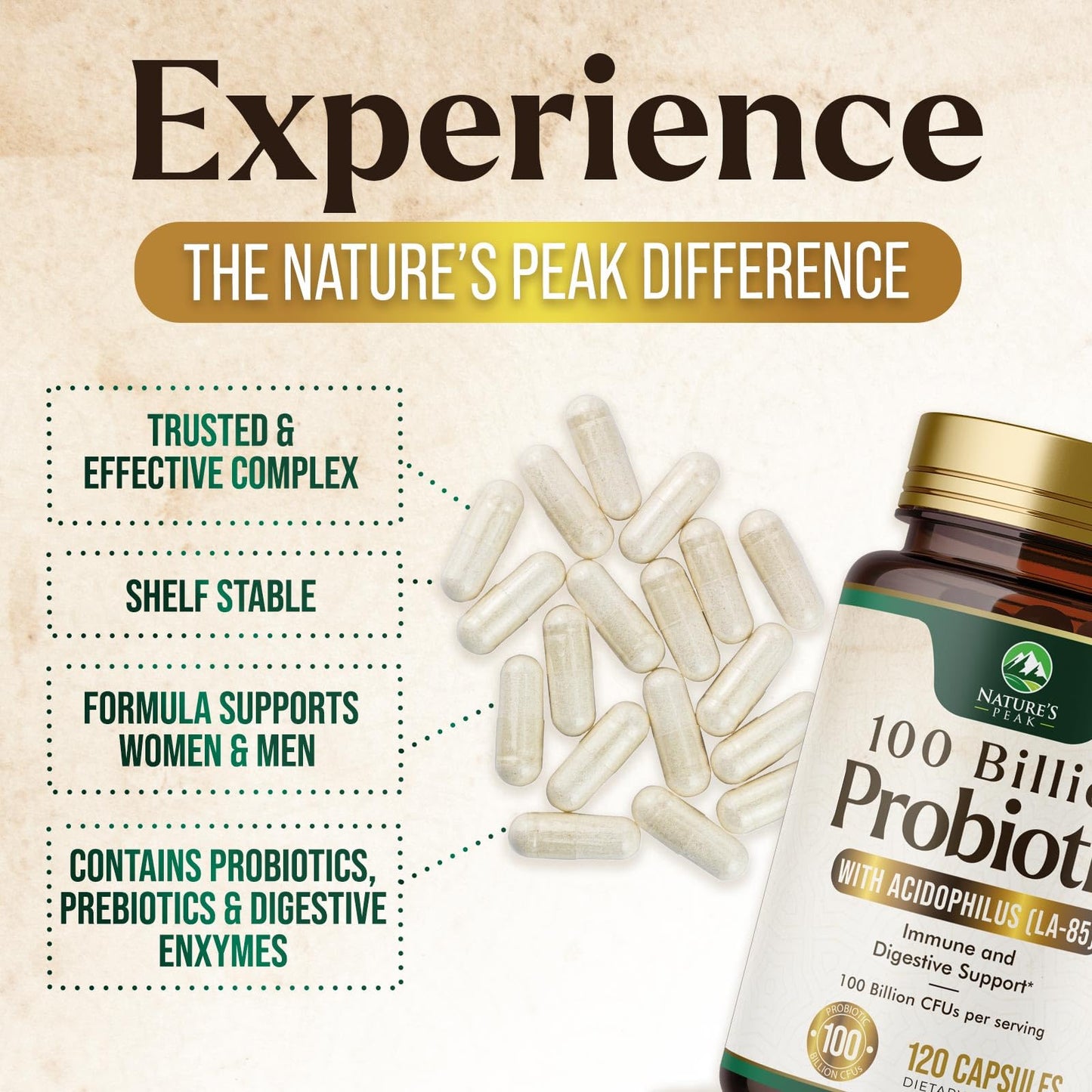 Nature's Peak Probiotics 100 Billion CFU Per Serving - 10 Premium Strains and Prebiotics Capsules, 120 Count