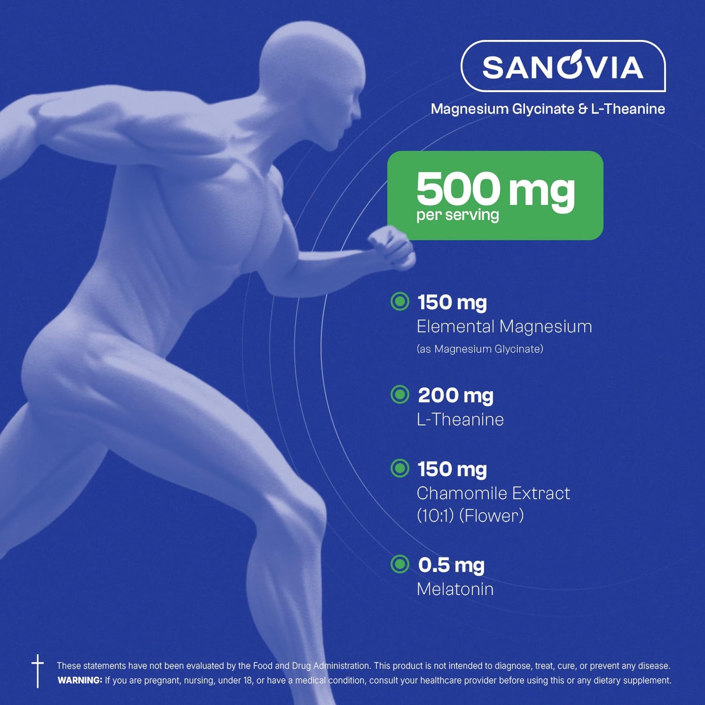 SANOVIA Magnesium Glycinate Sleep Support Supplement with L-Theanine, Chamomile & Melatonin, 60 Capsules