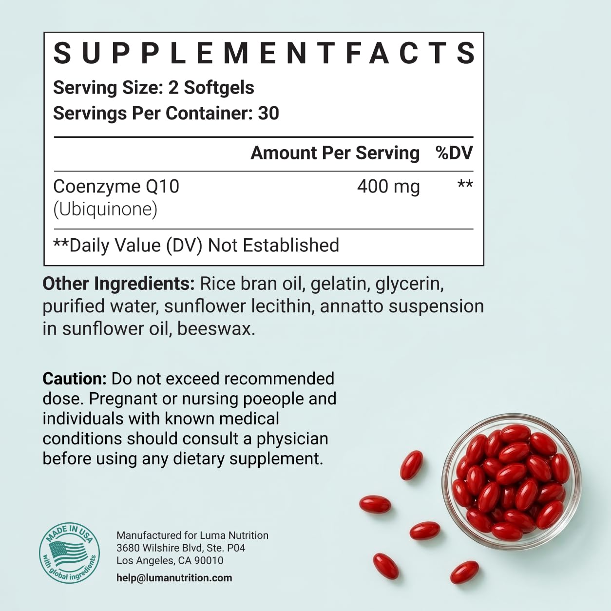 Luma Nutrition CoQ10 400mg Capsules 60 Count
