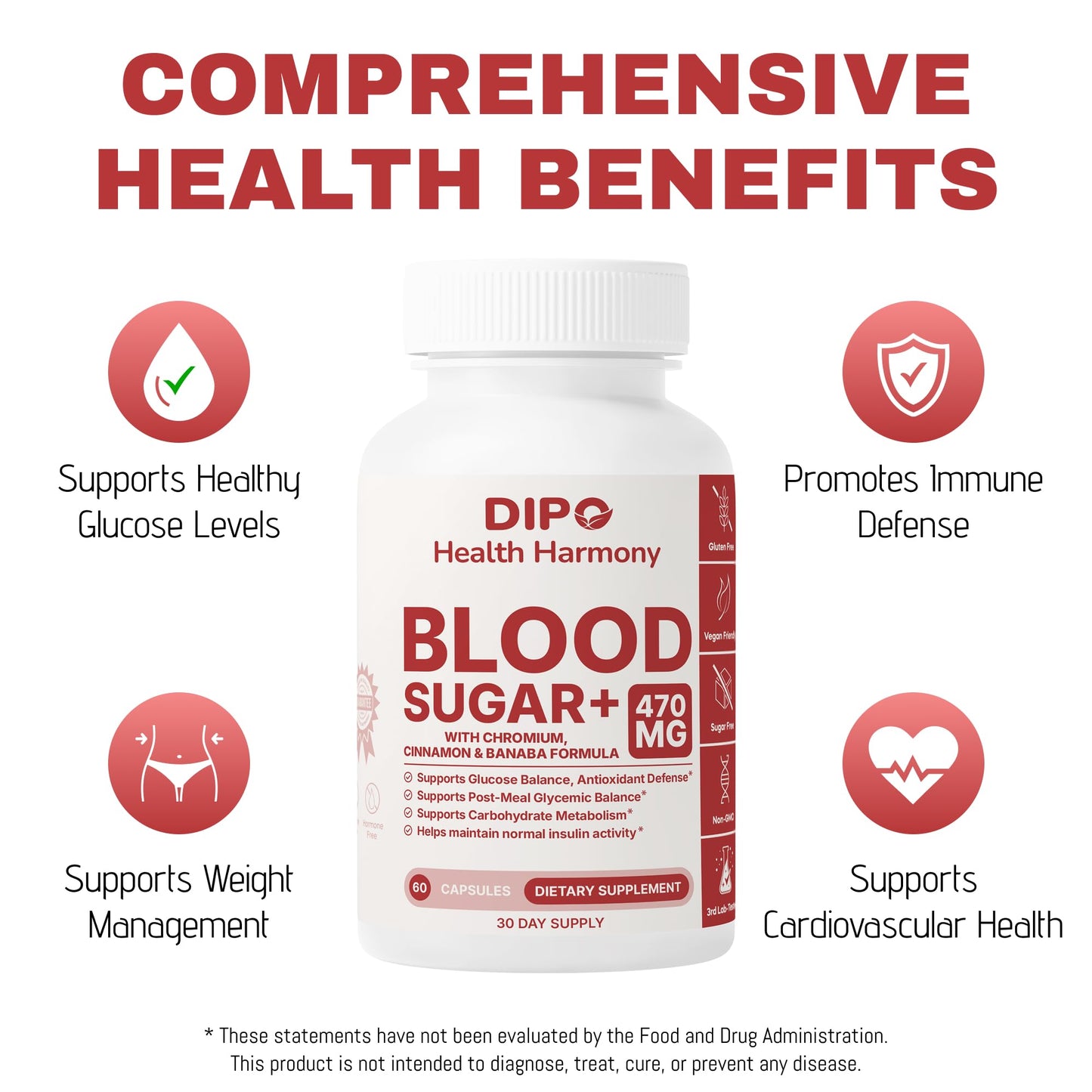 DIPO HEALTH HARMONY Blood Sugar Plus Multi-Vitamin with Biotin, Chromium, Cinnamon, Banaba Extract & Alpha Lipoic Acid Glucose & Carbohydrate Metabolism Support, 60 Capsules
