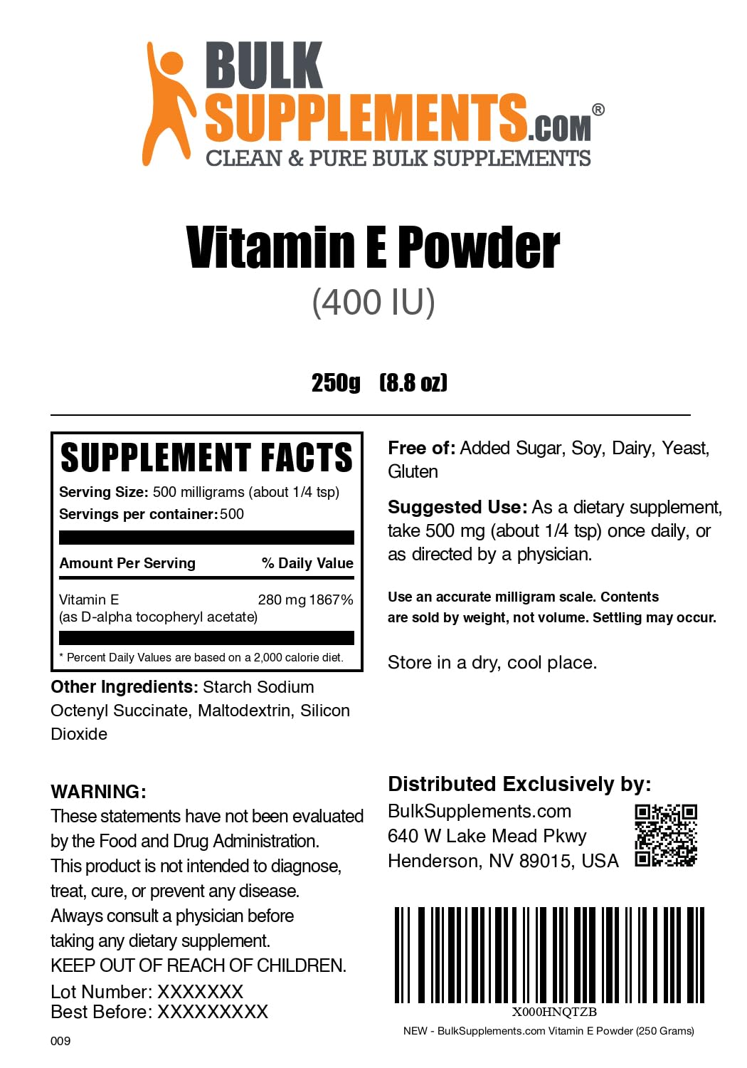 BulkSupplements Vitamin E 400 IU Powder - as D-Alpha Tocopherol, 250 g