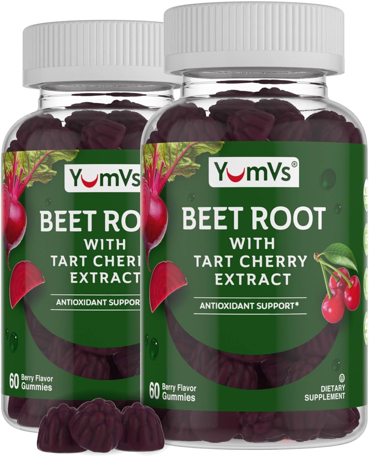 YUM-V'S Beet Root Gummies with Tart Cherry Extract, Berry Flavor, Gummy, 60 Count