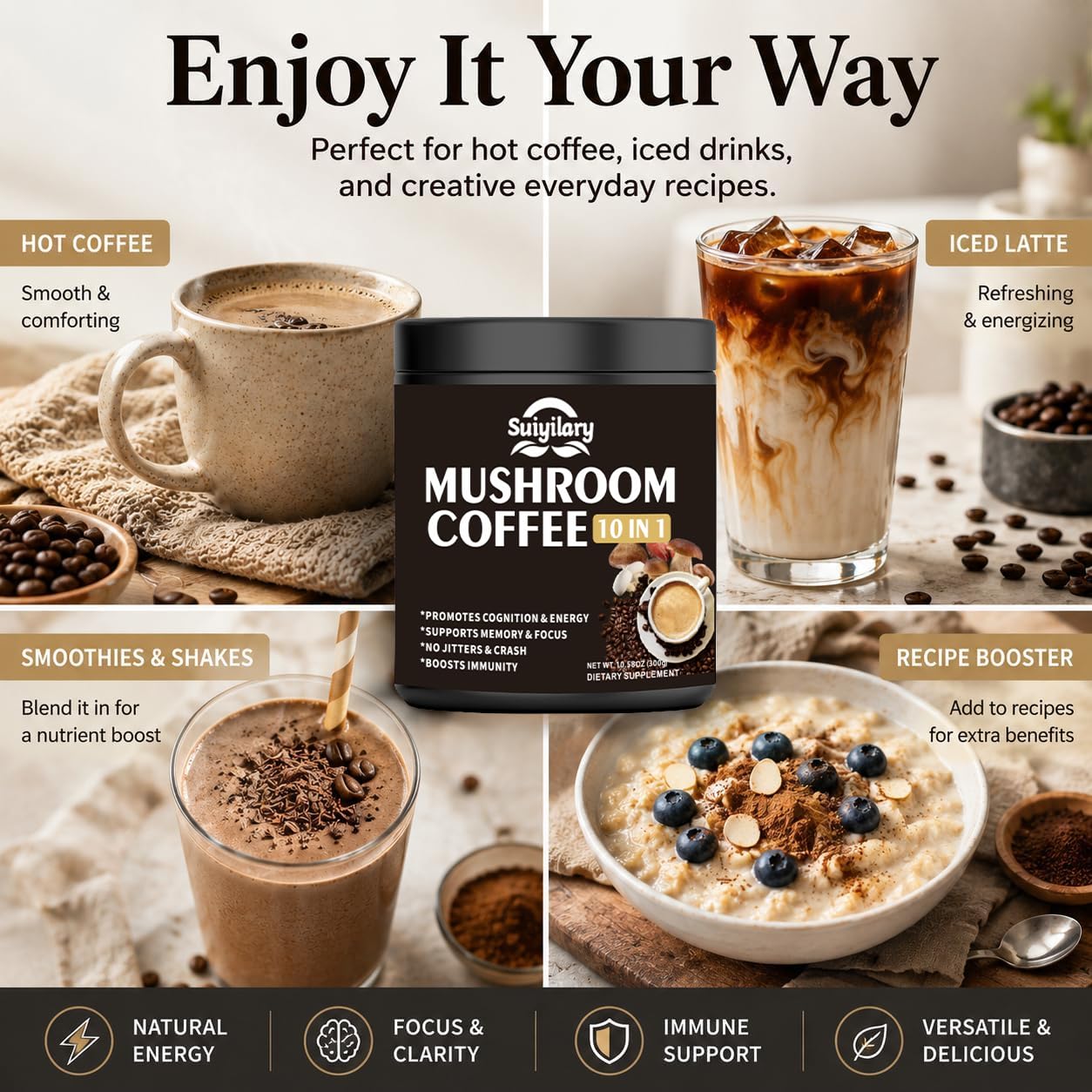 Suiyilary Mushroom Coffee 10 Mushroom Extract Powder Blend Lion's Mane, Reishi, Chaga, Cordyceps, Turkey Tail, Brain Support with Instant Coffee, Powder, 10.6 oz