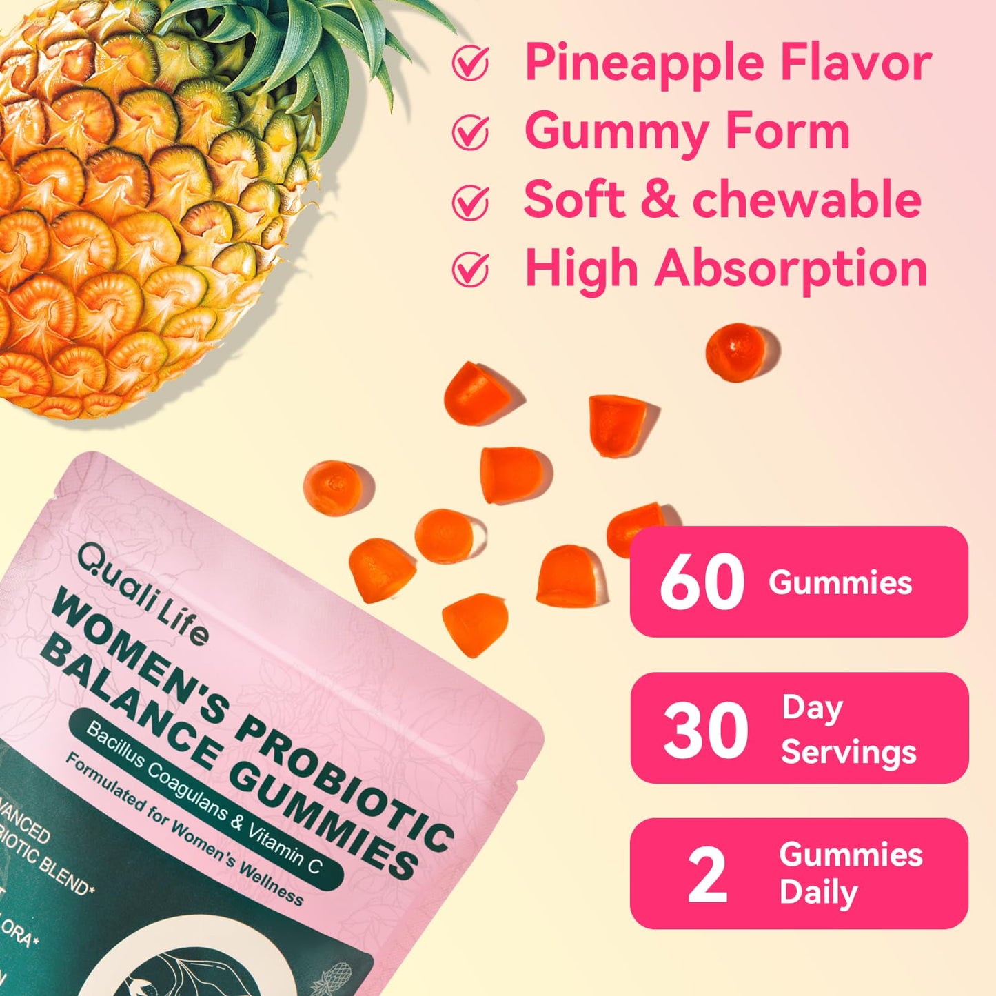 QualiLife Premium Feminine Balance Gummies for Women – Probiotic Vaginal Health Support with Vitamin C – pH Balance & Flora Support – Sugar Free, Vegan, Hawaiian Pineapple Flavor – 60 Gummies
